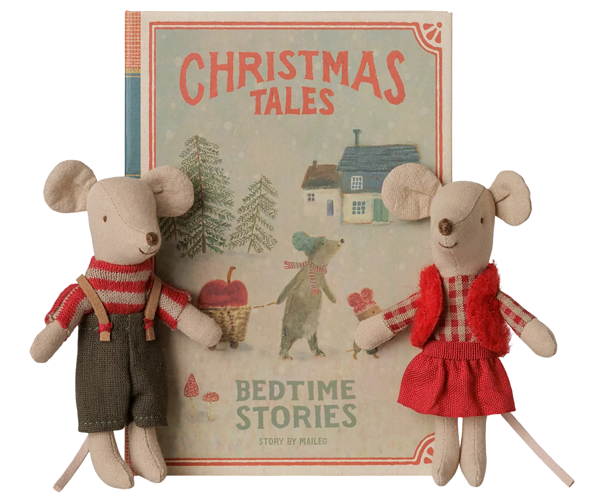 Maileg Christmas Twin Mice, Little Sister & Brother in Book