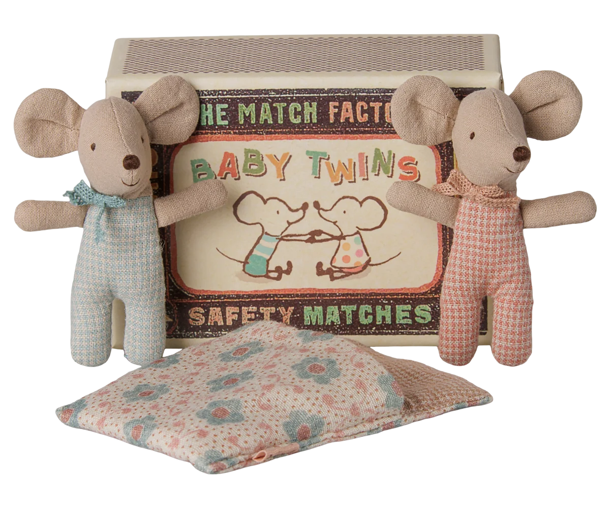Maileg Twins, Baby Mice in Matchbox, Checker