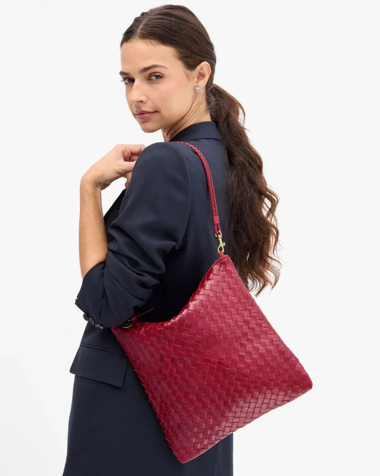 Clare V Foldover Clutch w/ Strap, Garnet Diagonal Woven