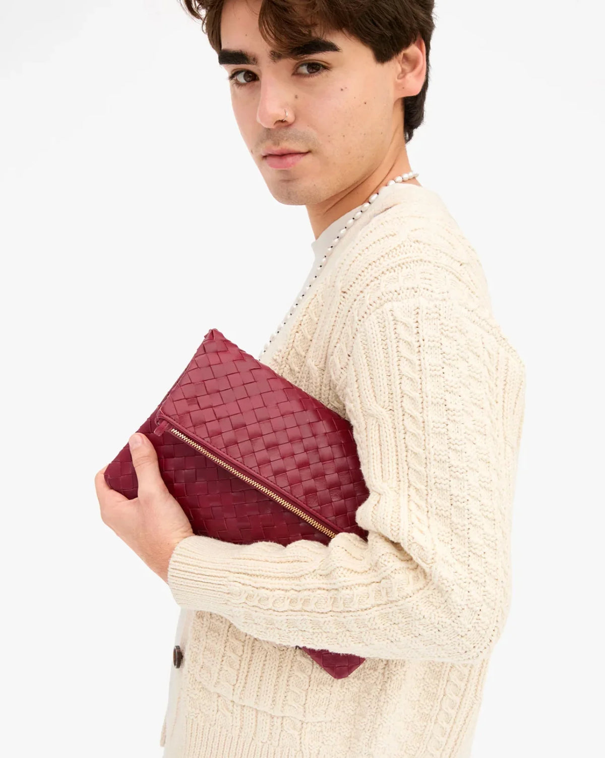 Clare V Foldover Clutch w/ Strap, Garnet Diagonal Woven
