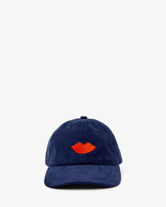 Clare V Corduroy Baseball Hat Embroidered Lips, Navy