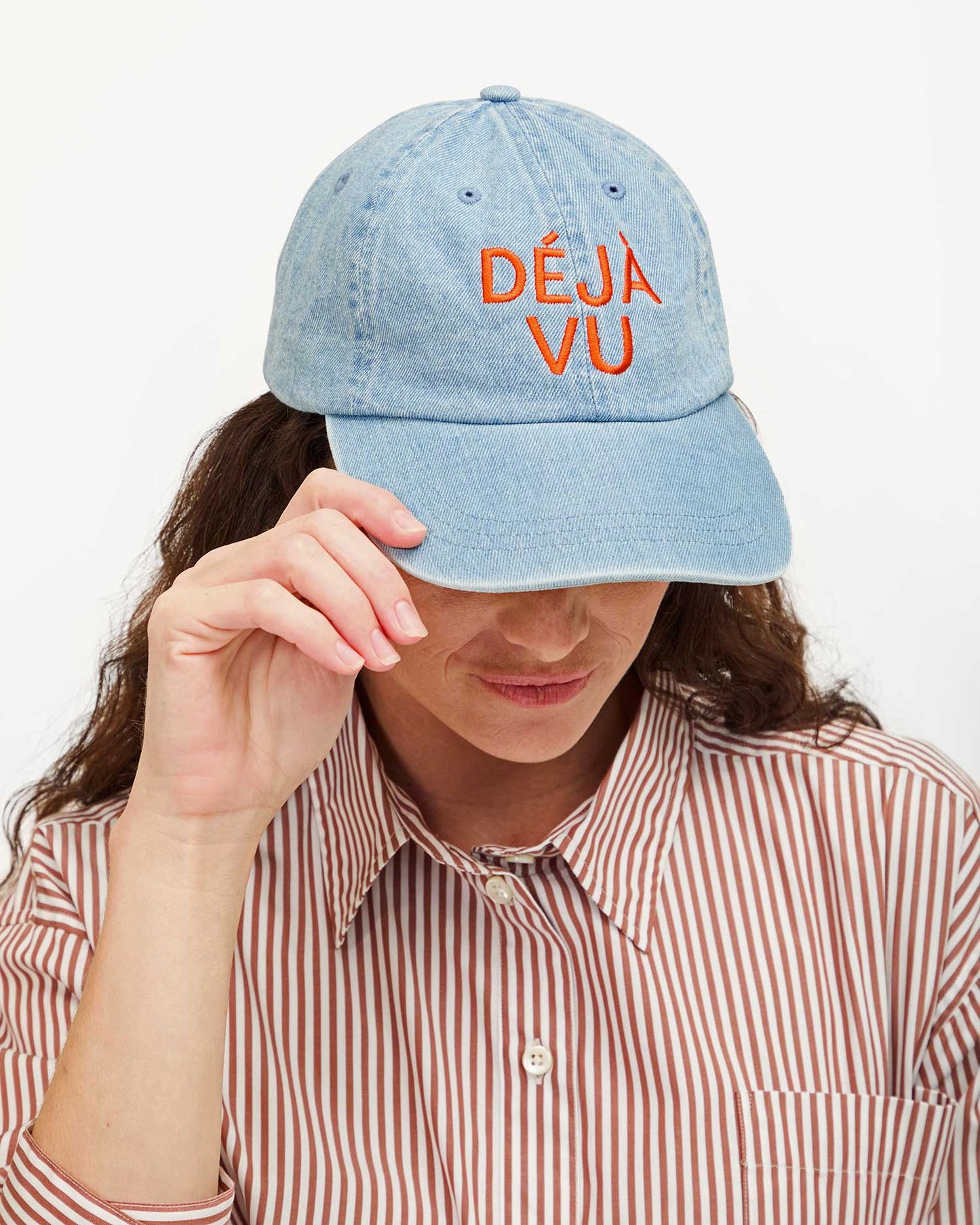 Clare V Baseball Hat, Blue Denim w/ Bright Poppy Embroidered Déjà Vu