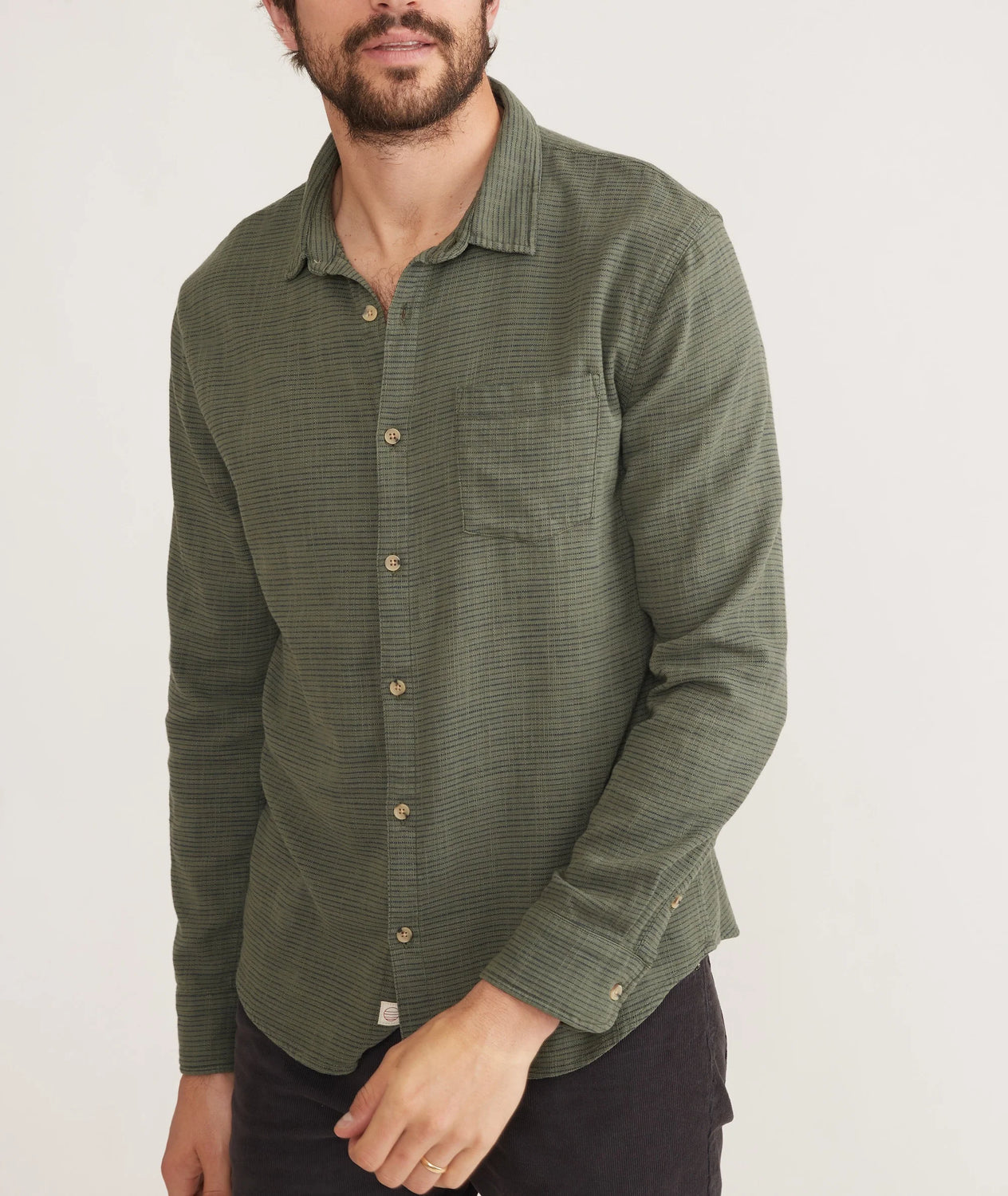 Marine Layer Long Sleeve Classic Stretch Selvage Shirt in Olive Stripe