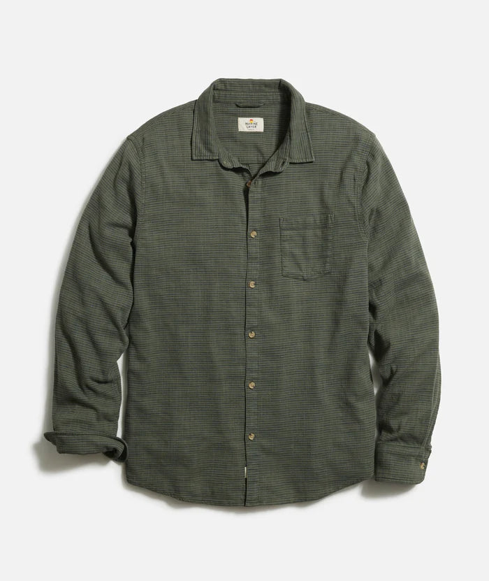 Marine Layer Long Sleeve Classic Stretch Selvage Shirt in Olive