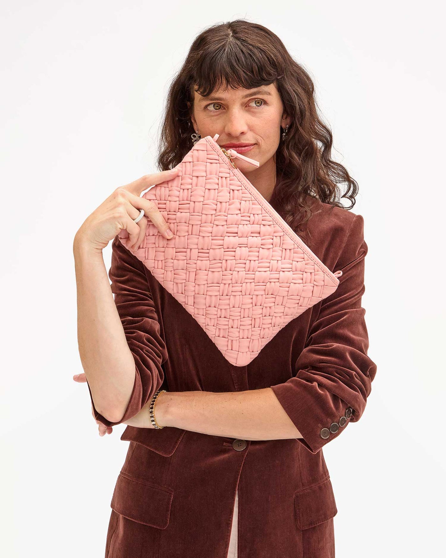 Clare V Flat Clutch w/ Tabs, Blush Puffy Woven