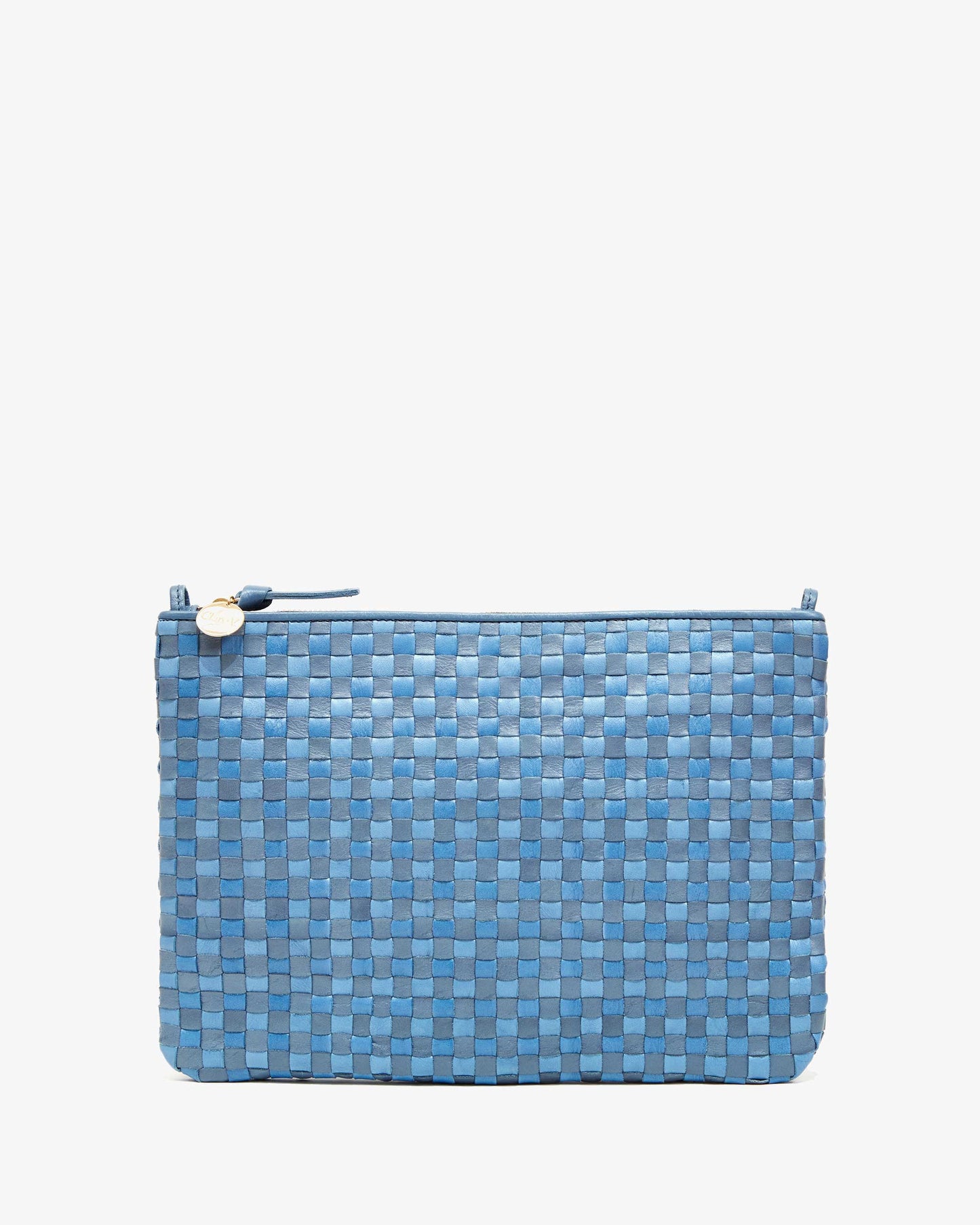 Clare V Flat Clutch w/ Tabs, Light Blue Woven Checker