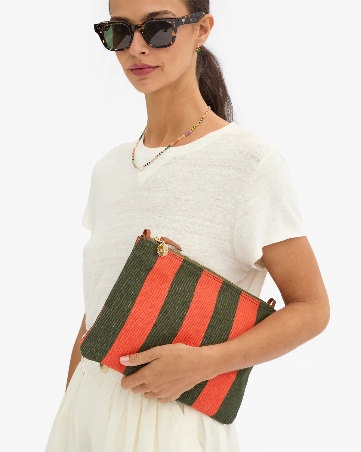 Clare V Flat Clutch w/Tabs, Army/Bright Poppy Canvas Stripe