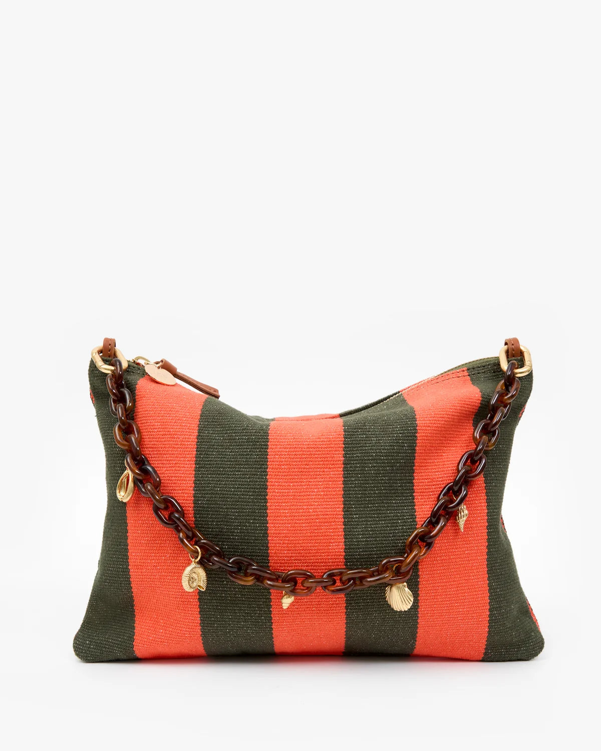 Clare V Flat Clutch w/Tabs, Army/Bright Poppy Canvas Stripe