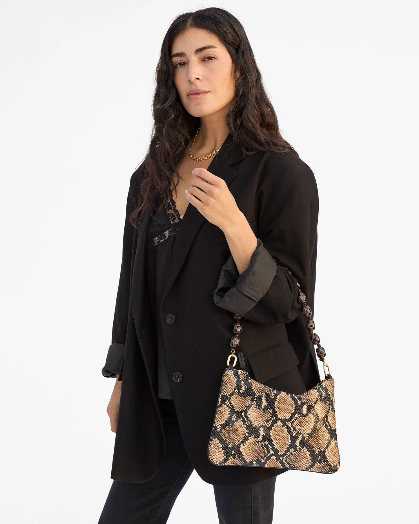 Clare V Shortie Strap, Black/Brown Checker