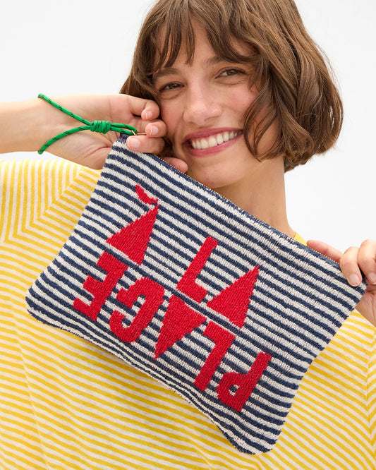 Clare V Flat Clutch w/ Tabs, Deep Dive/Cream Stripe
