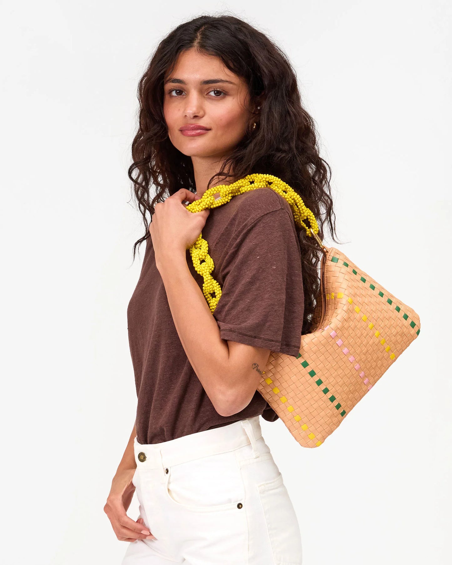Clare V Flat Clutch w/ Tabs, Bisque Woven Checker w/ Stripe