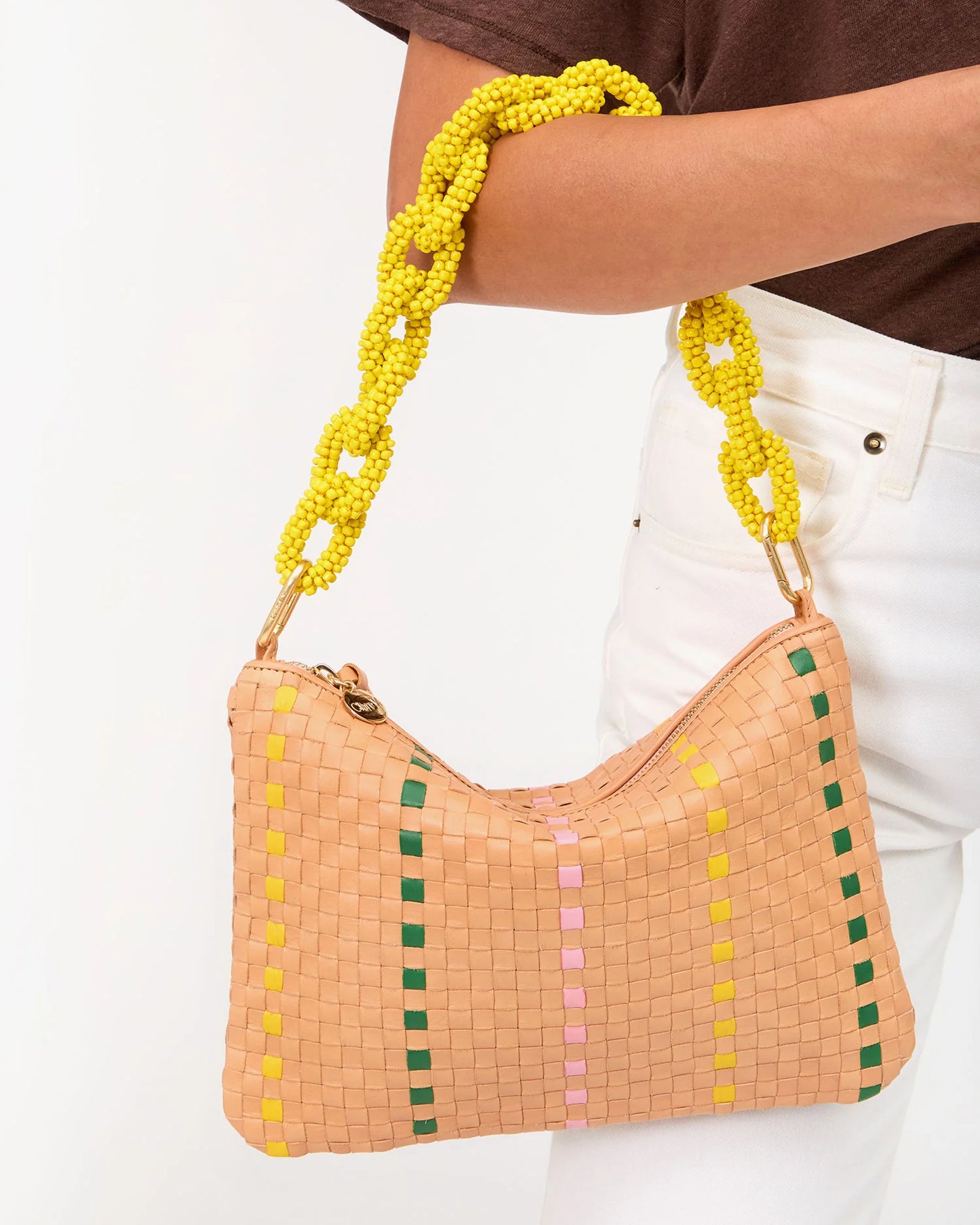 Clare V Flat Clutch w/ Tabs, Bisque Woven Checker w/ Stripe