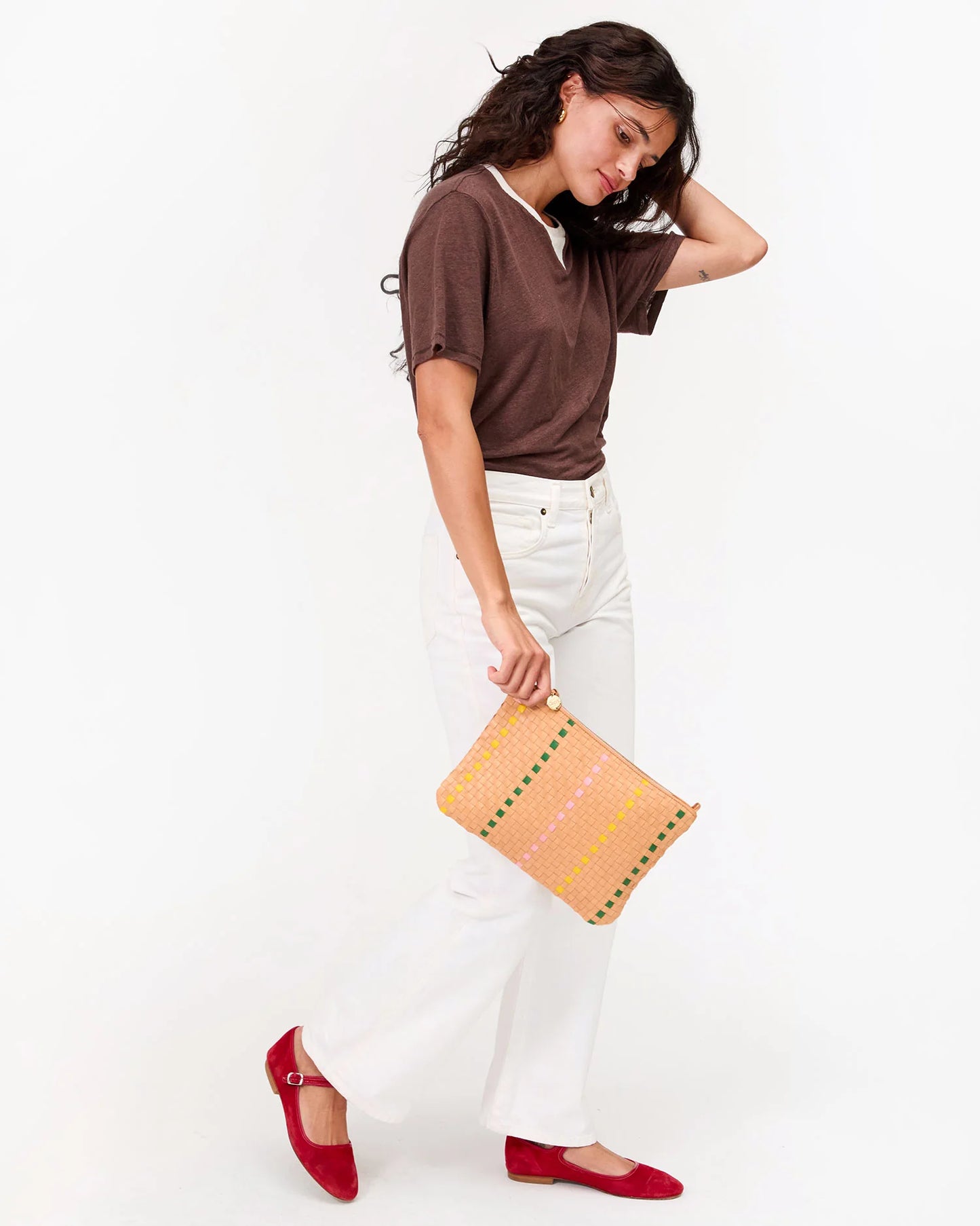 Clare V Flat Clutch w/ Tabs, Bisque Woven Checker w/ Stripe