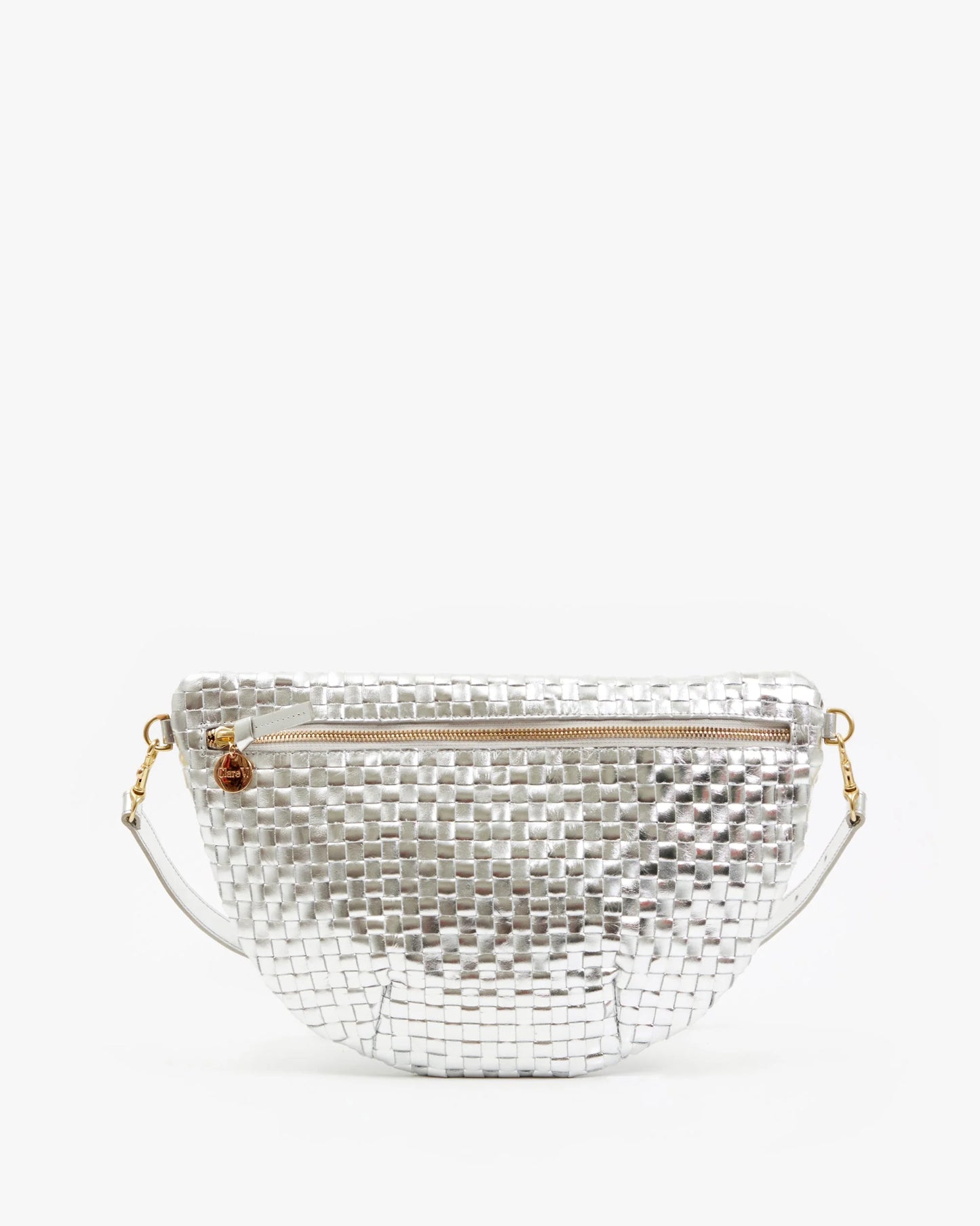 Clare V Grande Fanny, Silver Specchio Woven Checker