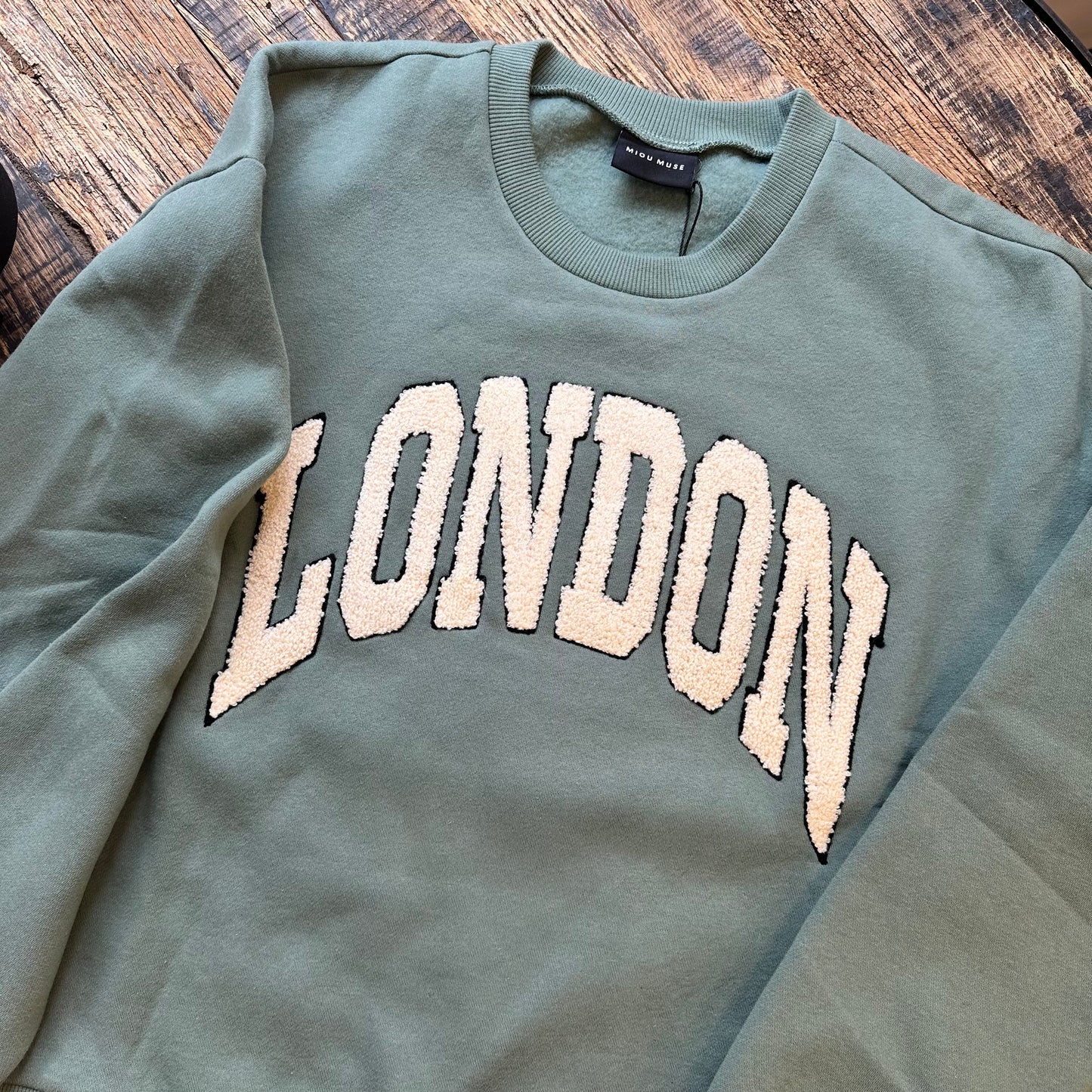 Miou Muse Boucle Letter Patch Sweatshirt - London