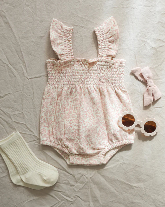 Quincy Mae Smocked Ruffle Sleeved Romper, Pink Blossom