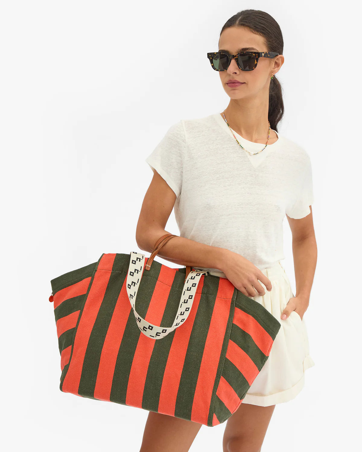 Clare V La Cote Tote, Army/Bright Poppy Canvas Stripe