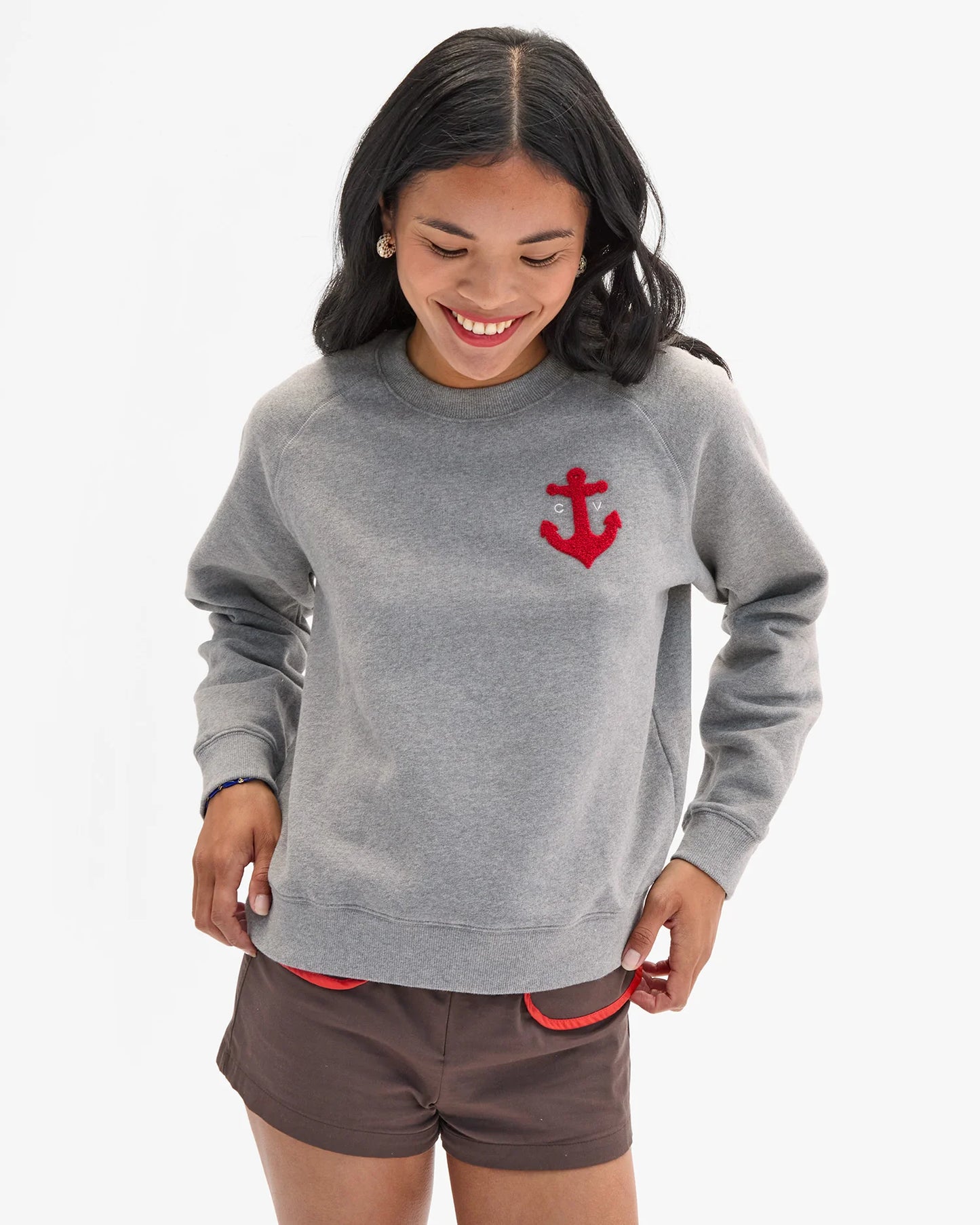 Clare V Le Court Sweatshirt, Grey Melange CV Anchor