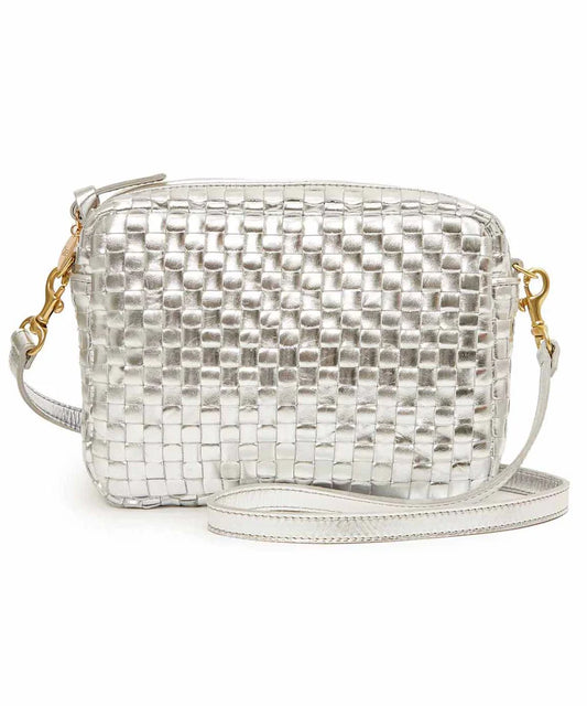 Clare V Midi Sac, Silver Specchio Woven Checker