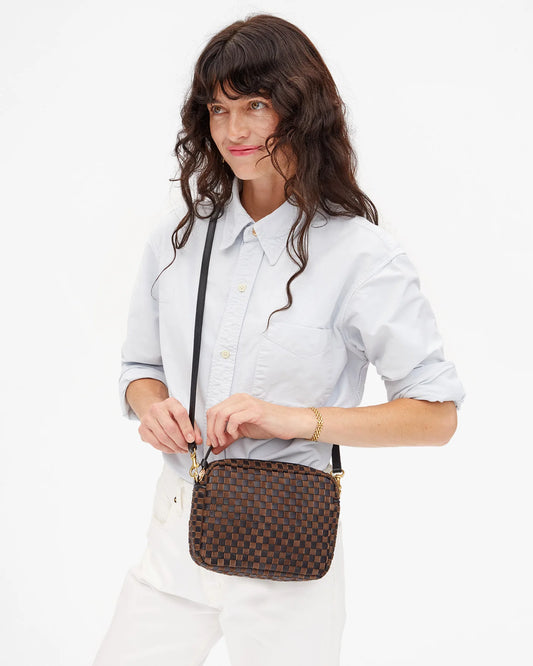 Clare V Midi Sac, Black/Chocolate Woven Checker