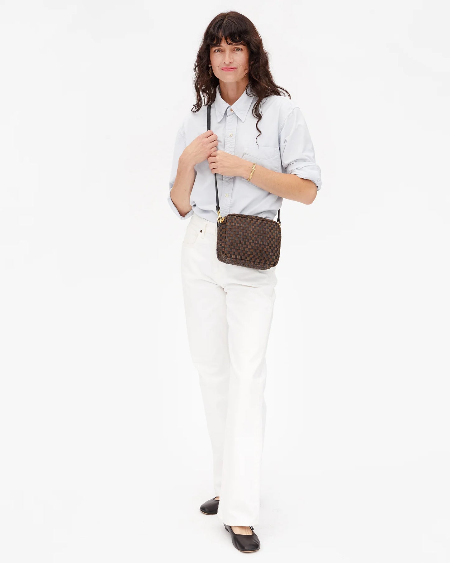 Clare V Midi Sac, Black/Chocolate Woven Checker