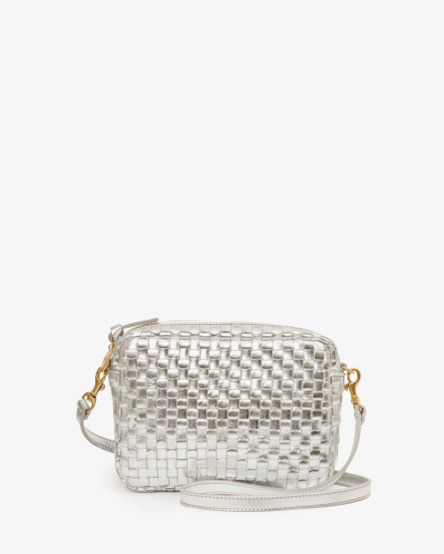 Clare V Midi Sac, Silver Specchio Woven Checker