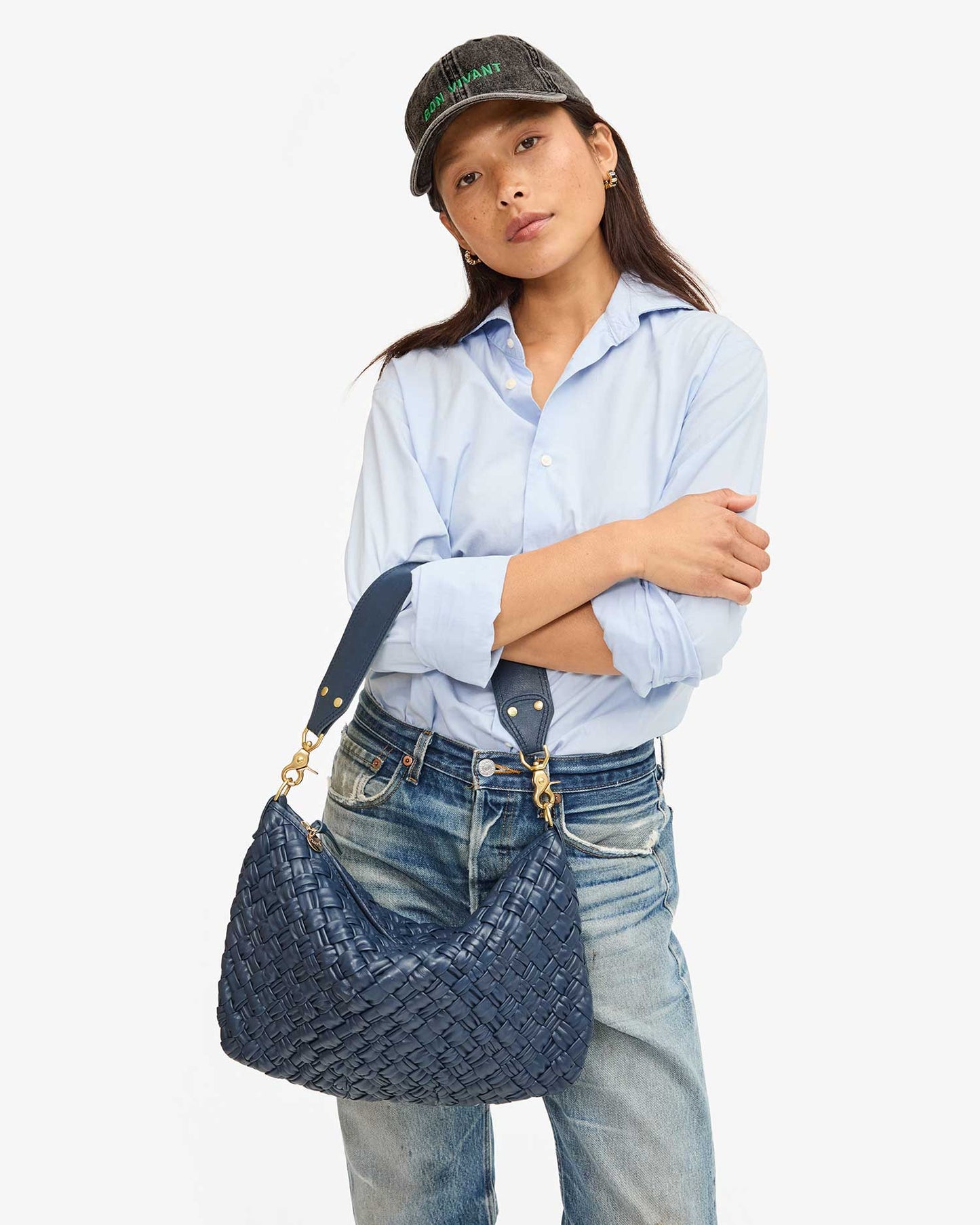 Clare V Moyen Messenger, Bright Navy Puffy Woven