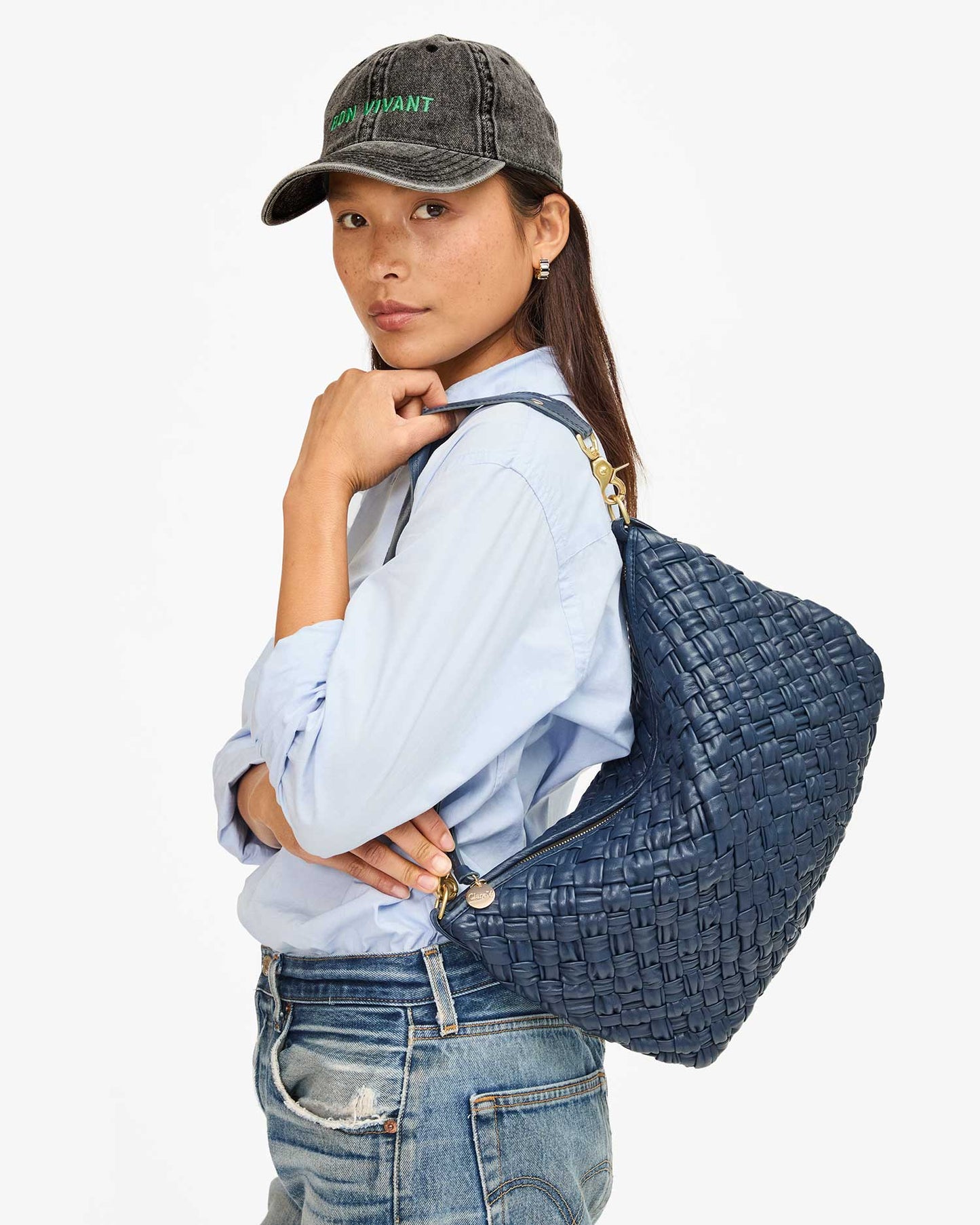 Clare V Moyen Messenger, Bright Navy Puffy Woven