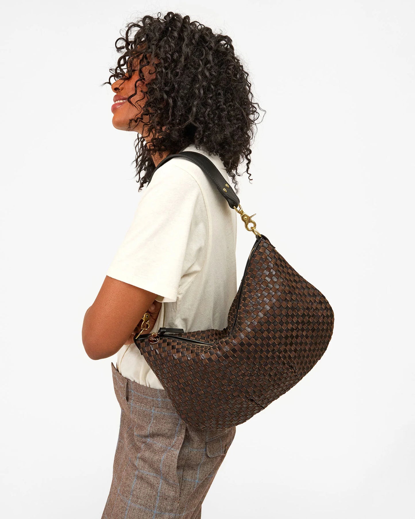 Clare V Moyen Messenger, Black/Chocolate Woven Checker