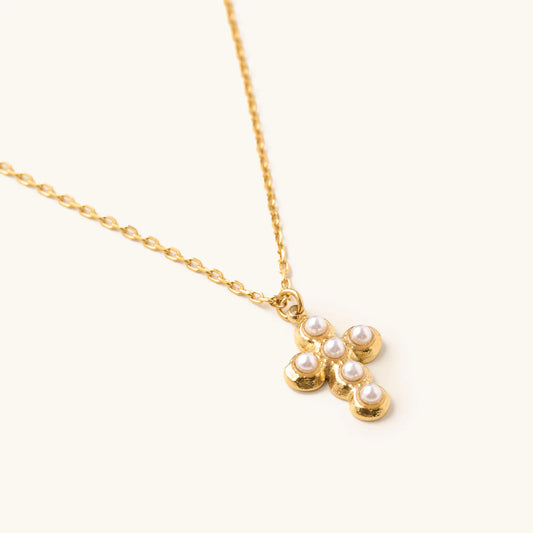 Nikki Smith Pearl Cross Necklace, Gold