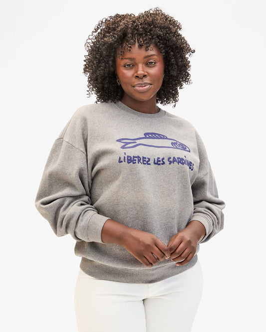 Clare V Oversized Sweatshirt, Grey Melange w/ Navy Liberez Les Sardines