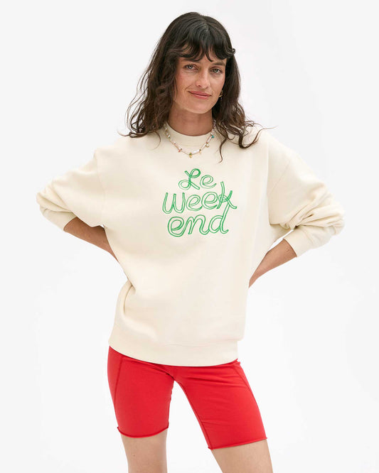 Clare V Oversized Sweatshirt, Cream w/ Green Embroidered Le Weekend