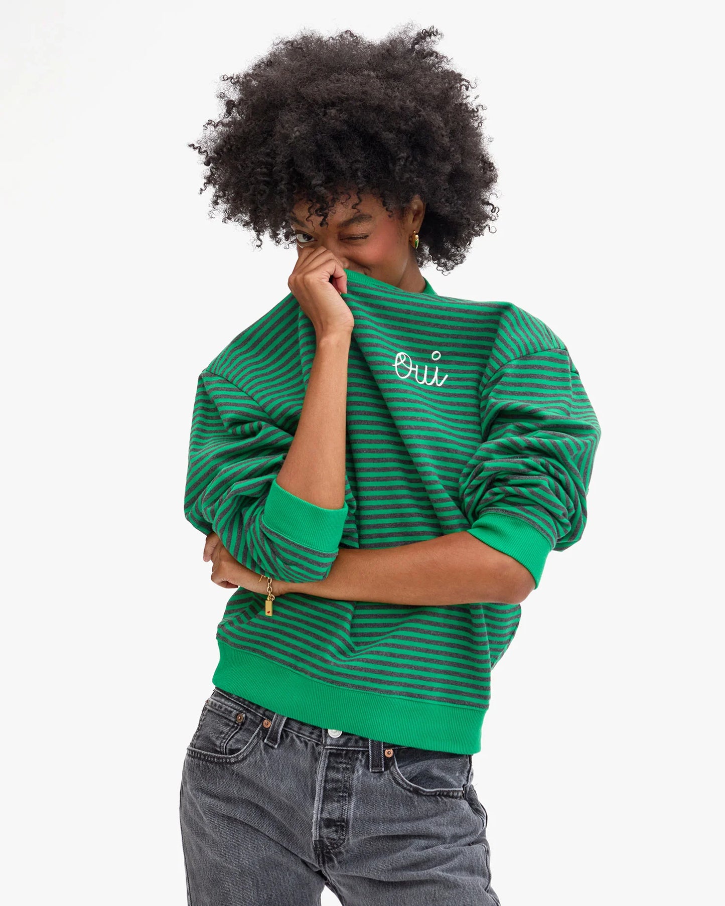 Clare V Oversized Sweatshirt, Green/Charcoal Stripes