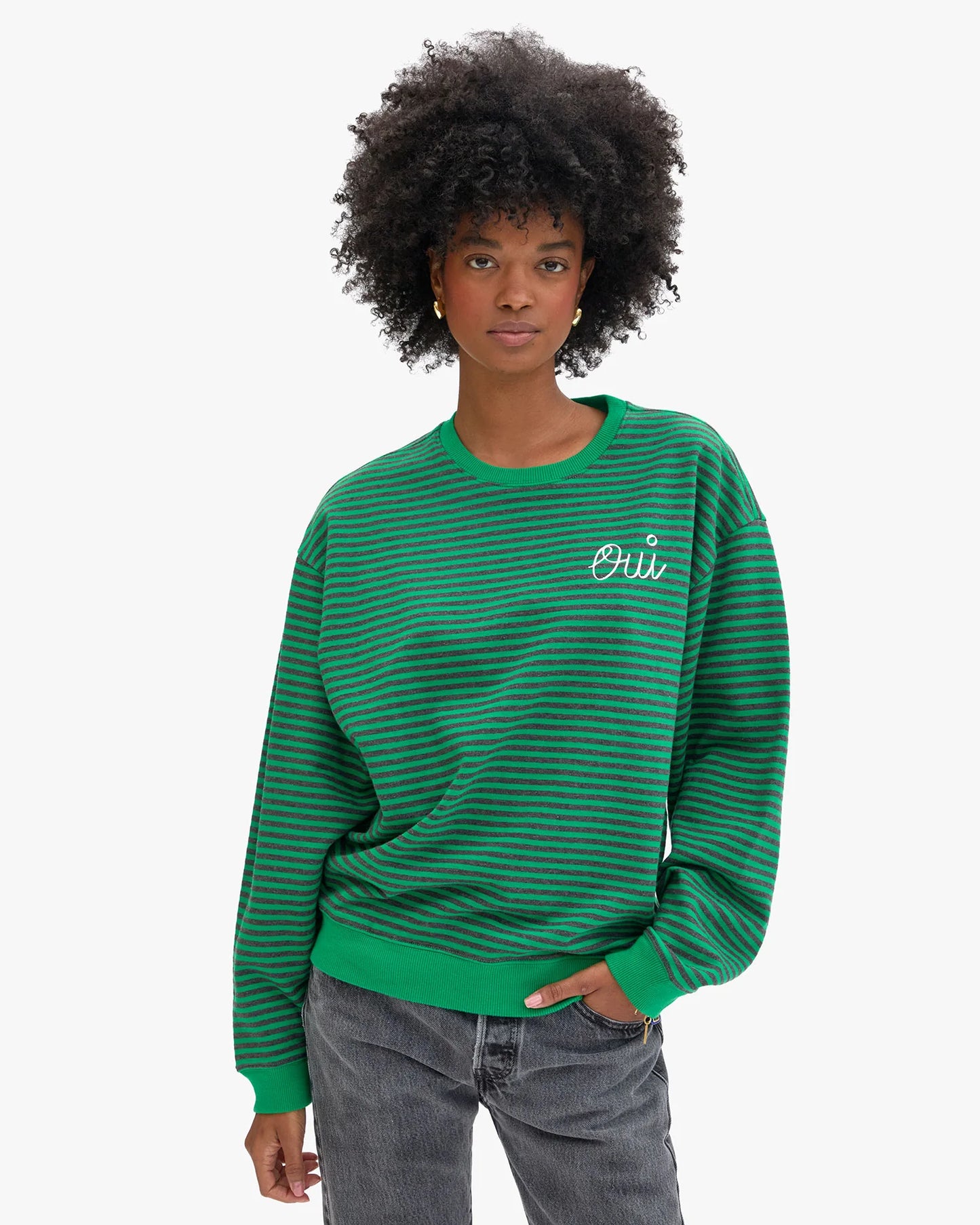 Clare V Oversized Sweatshirt, Green/Charcoal Stripes