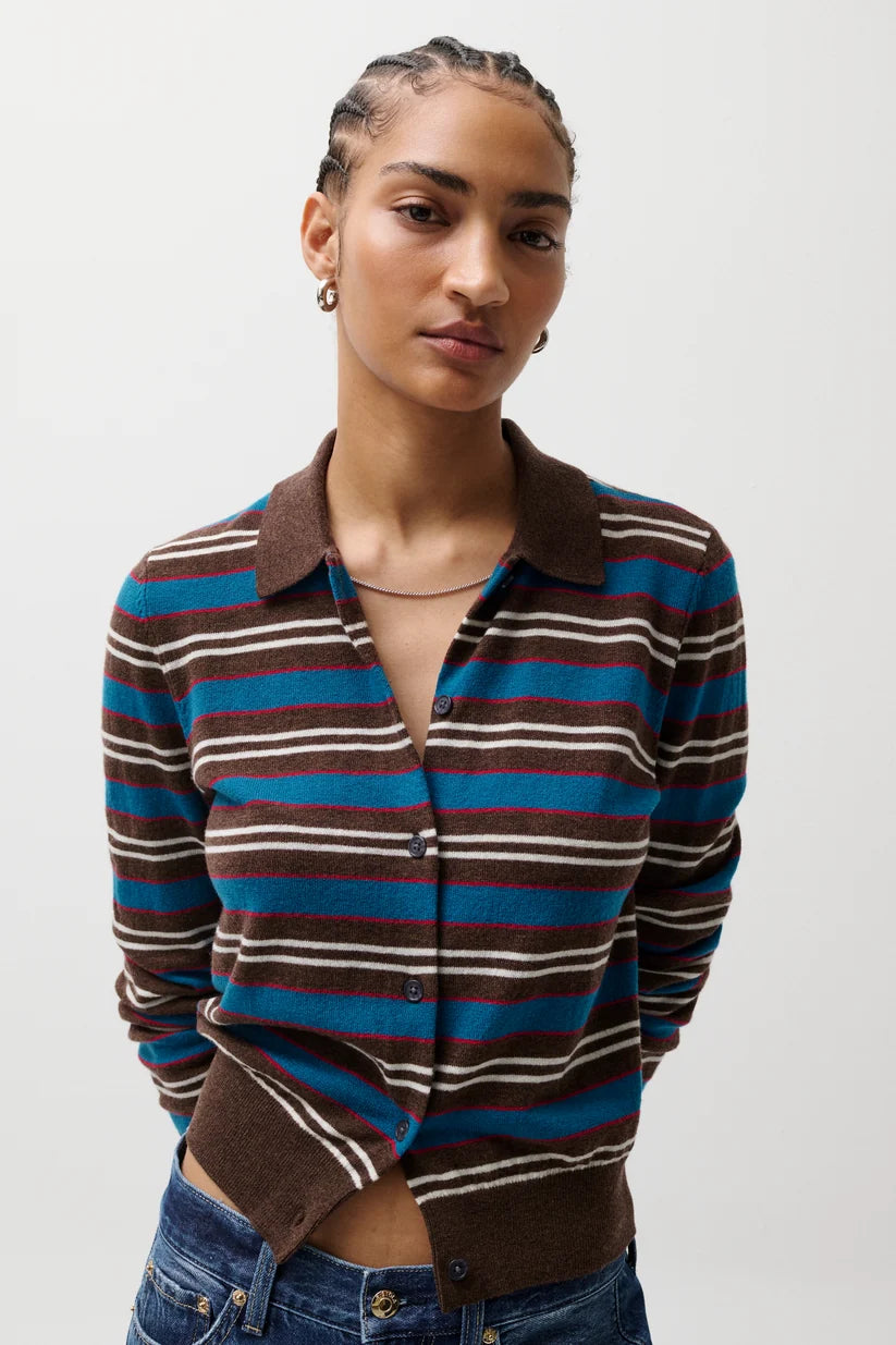 Pistola Lyvia Long Sleeve Merino Polo Cardigan, Tealwood Stripe