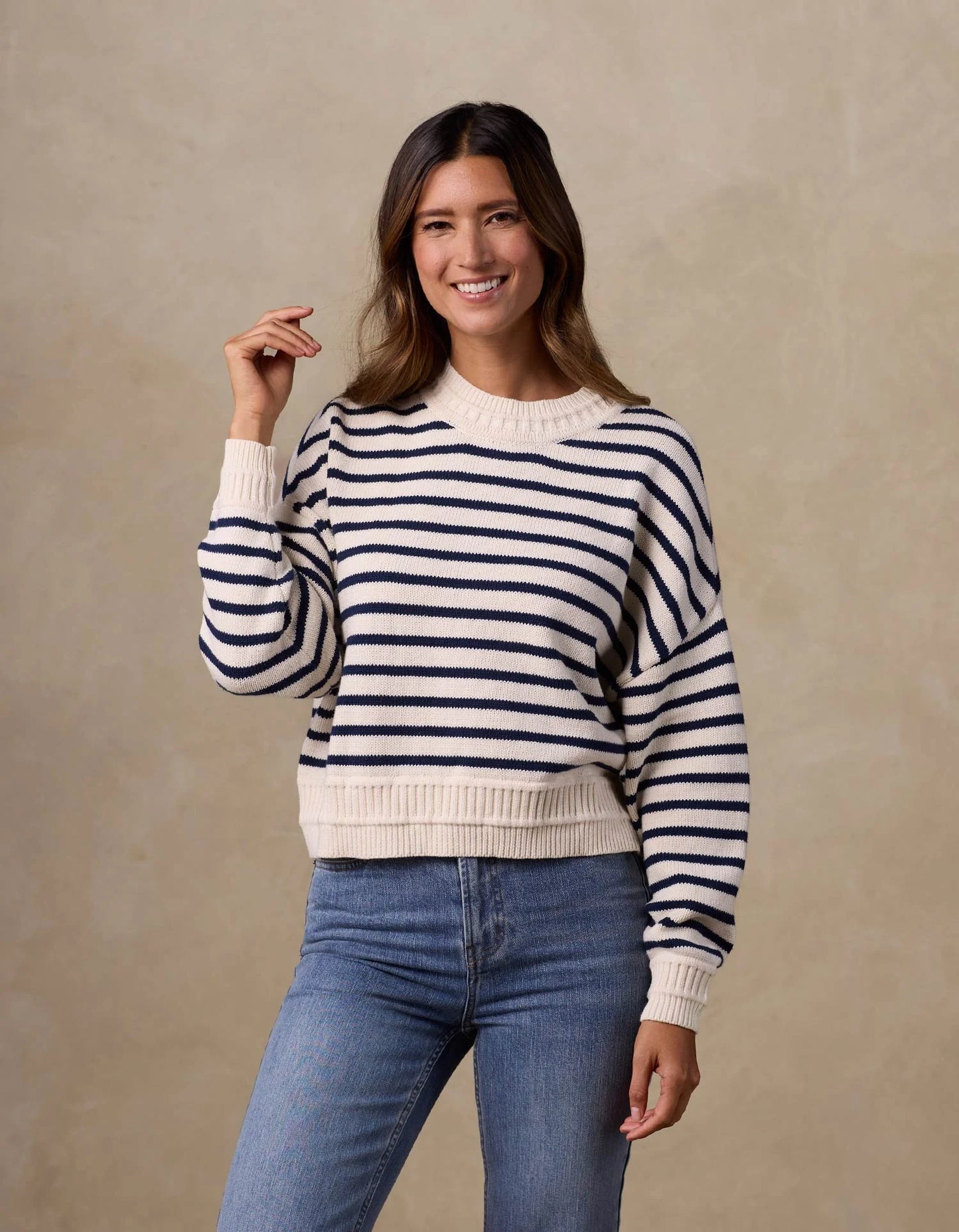 The Normal Brand Women's Maritime Crewneck, Cream/Navy