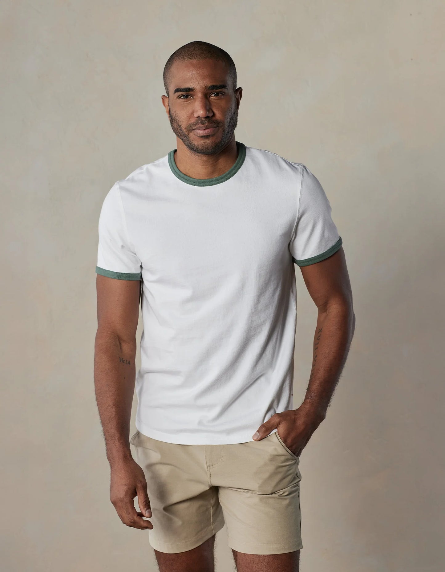 The Normal Brand Men's Lennox Jersey Ringer Tee, White/Pine