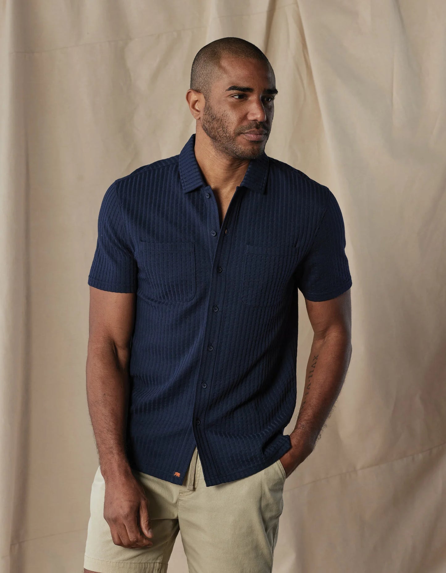 The Normal Brand Men's SS Knit Getaway Button Up, Navy