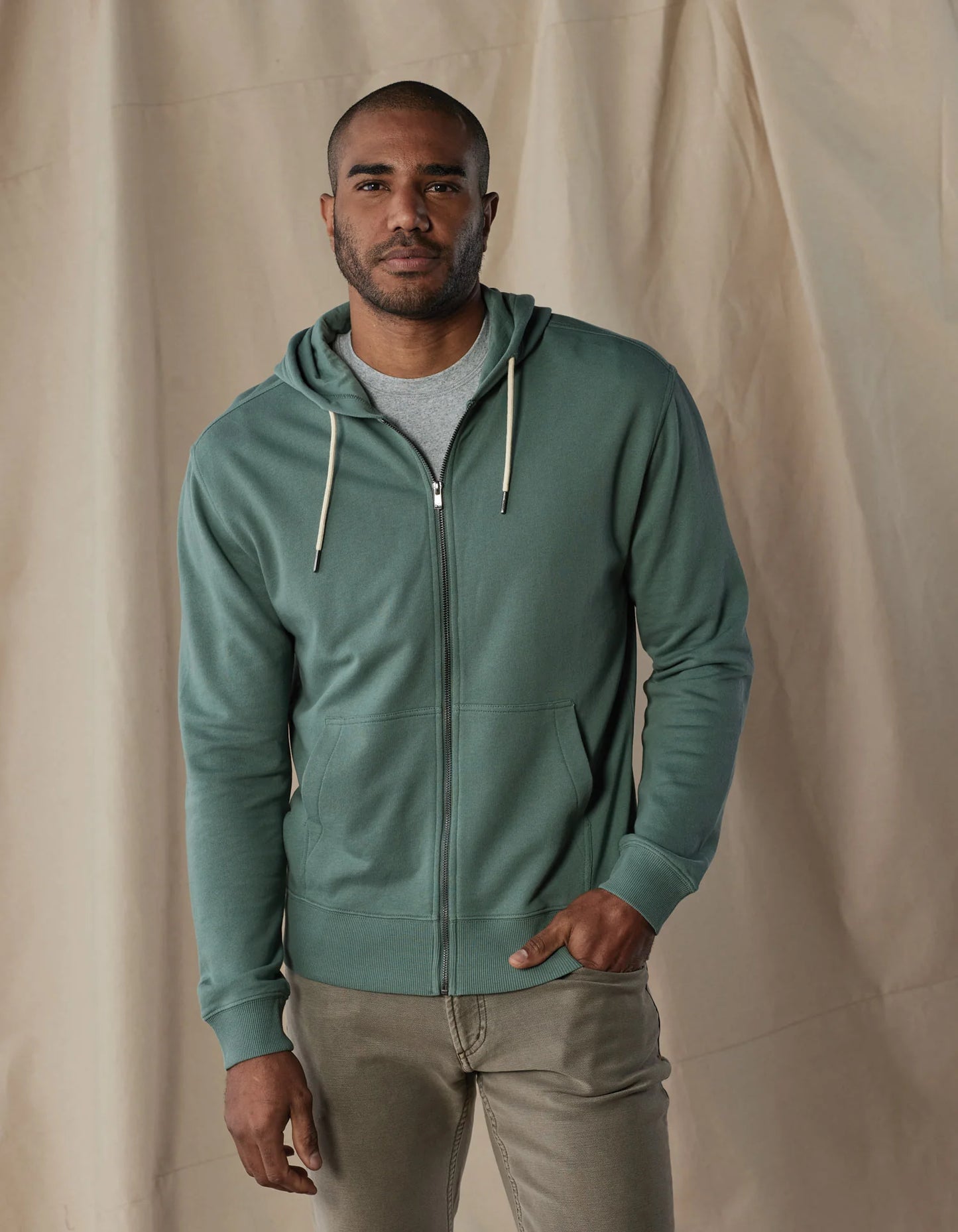 The Normal Brand Men's Cole Terry Zip Front Hoodie, Pine