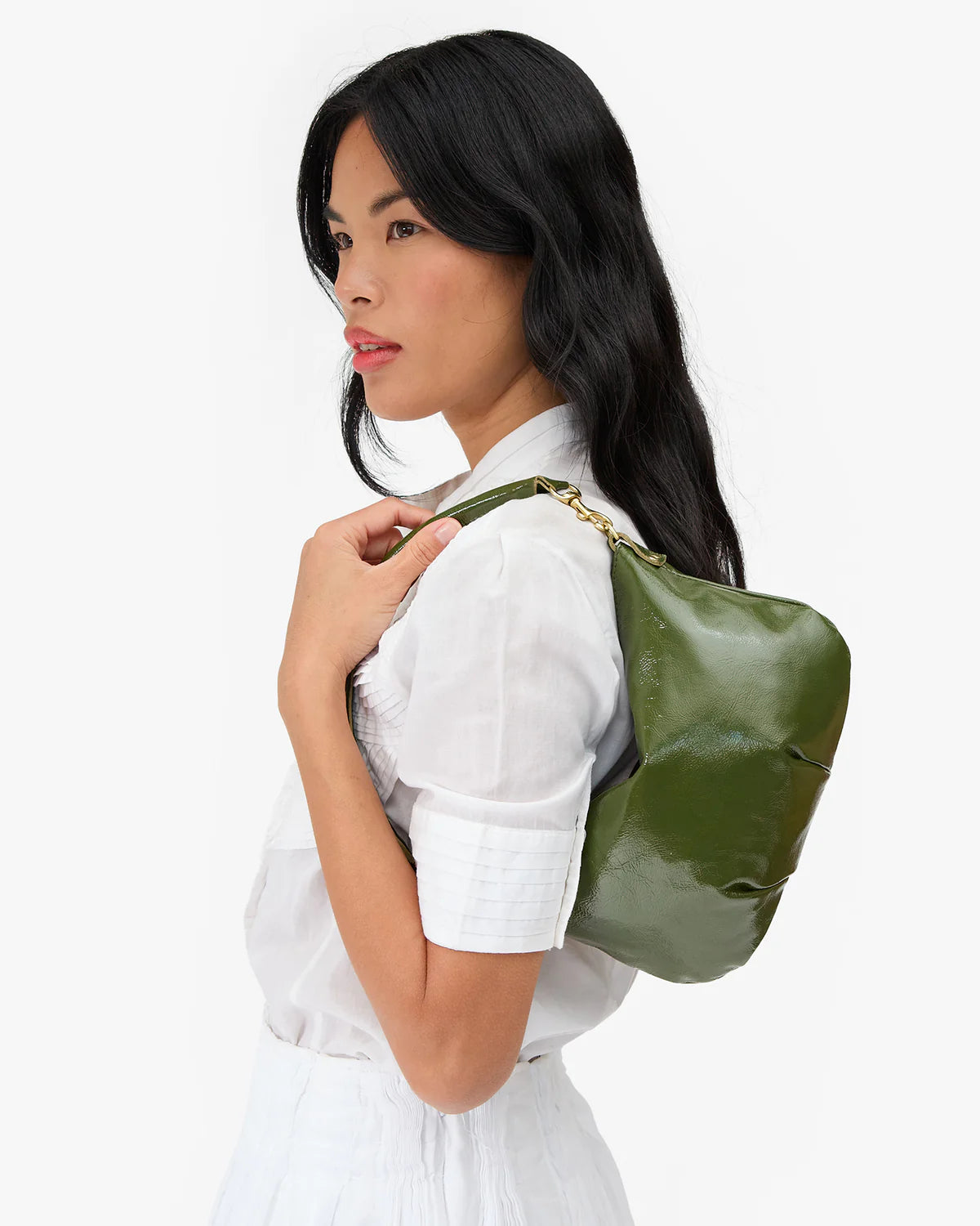 Clare V Petit Moyen Messenger, Army Crinkle Patent