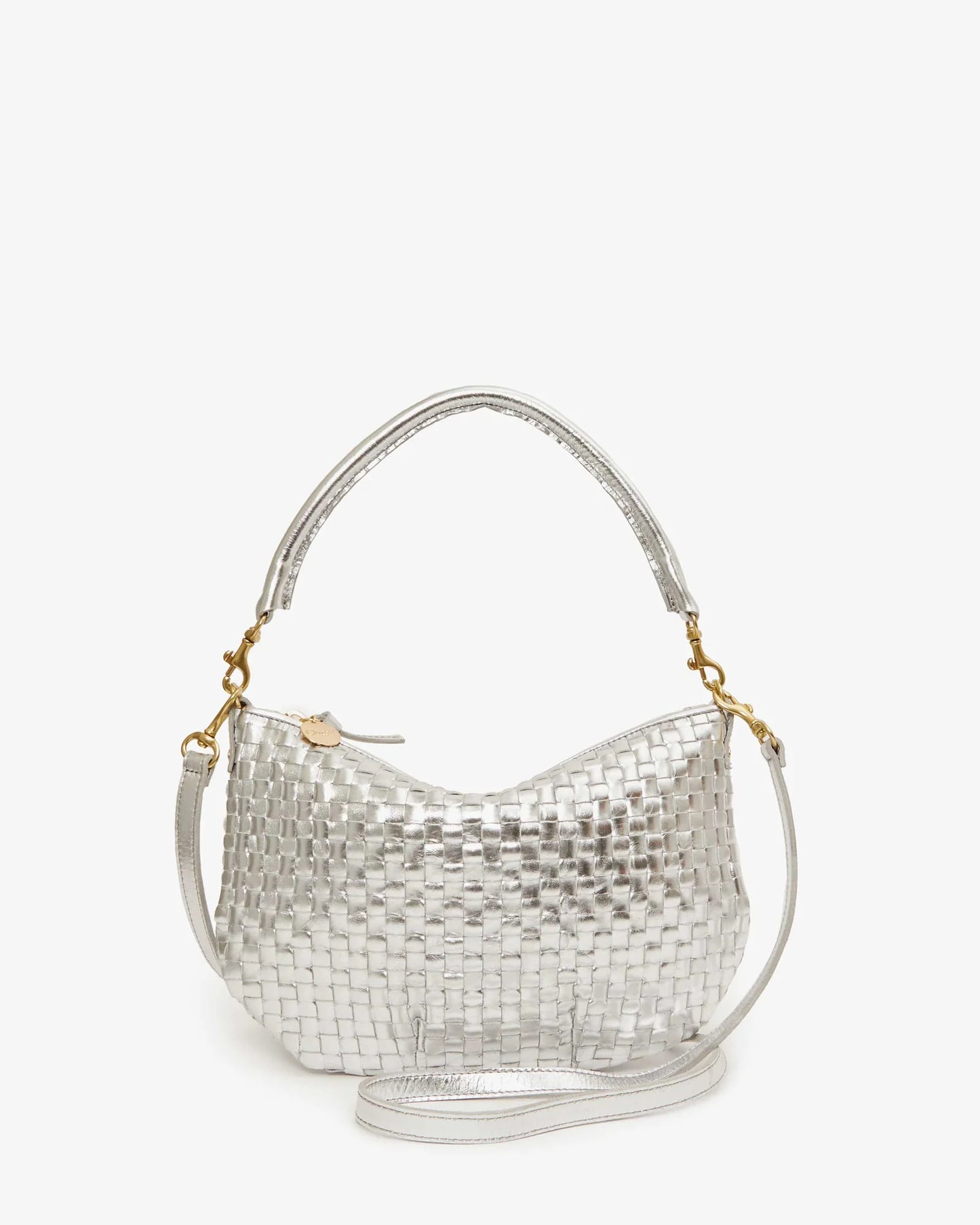 Clare V Petit Moyen Messenger, Silver Specchio Woven Checker