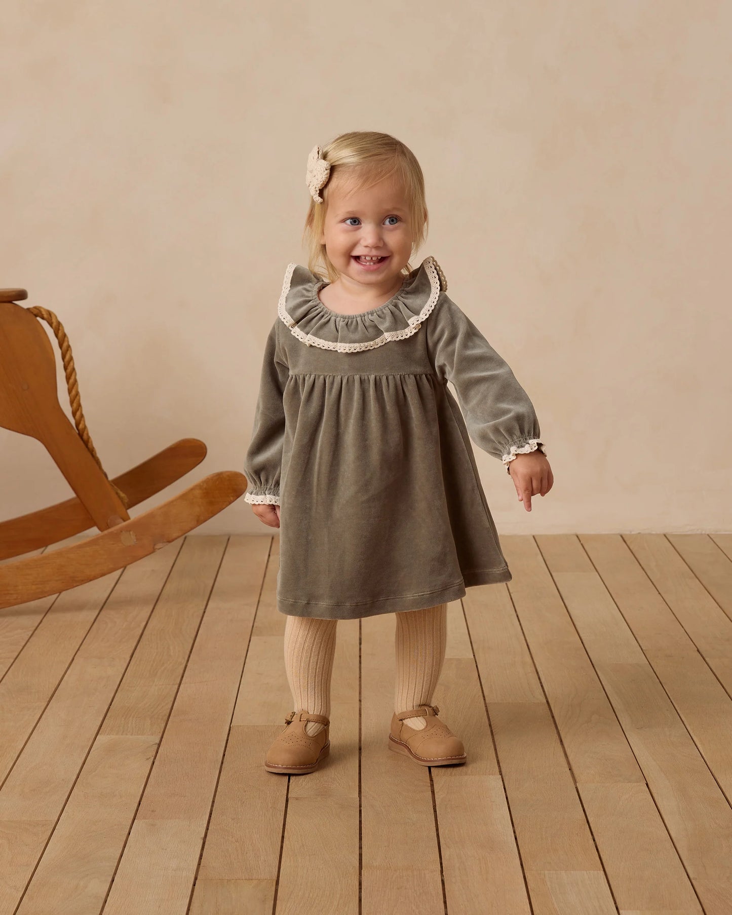 Quincy Mae Velour Baby Dress, Forest