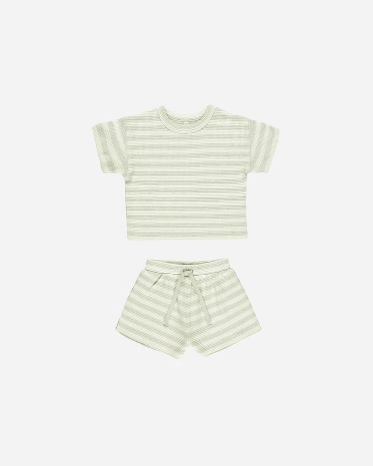 Quincy Mae Waffle Tee + Short Set, Mint Stripe