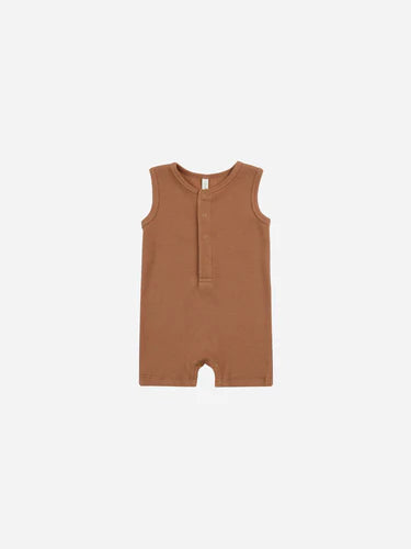 Quincy Mae Ribbed Henley Romper, Clay