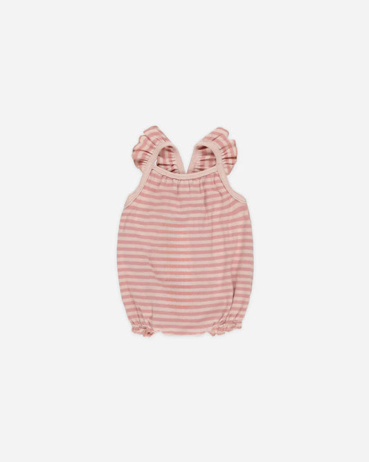 Quincy Mae Ribbed Ruffle Romper, Pink Stripe