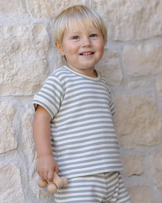 Quincy Mae Waffle Shortie Set, Sage Stripe