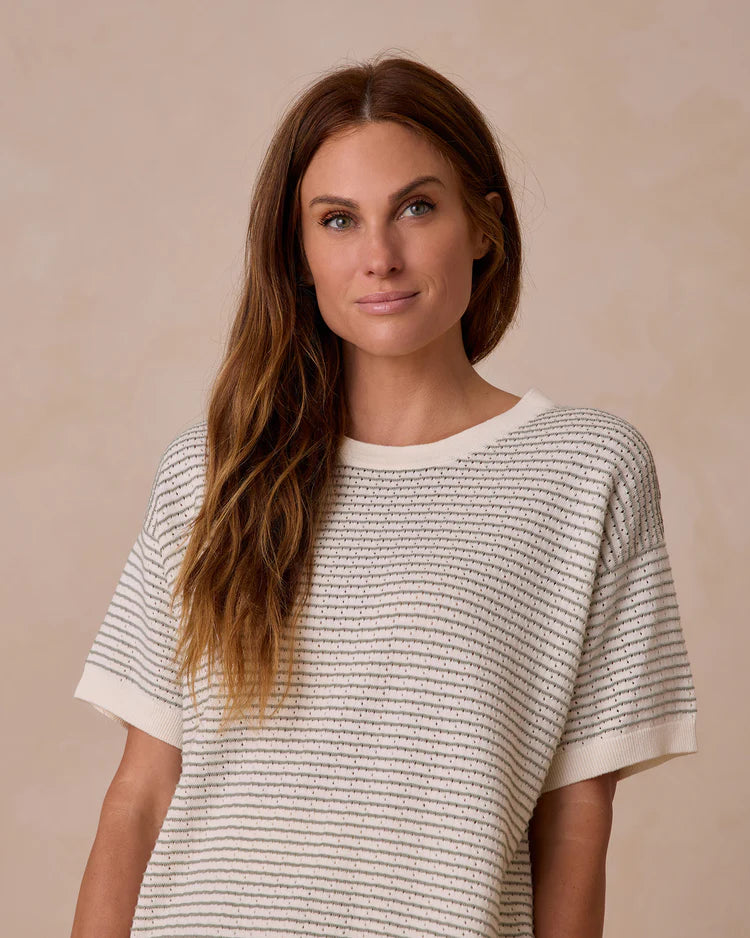 Rylee + Cru Women's Boxy Crop Knit Tee, Sage Stripe