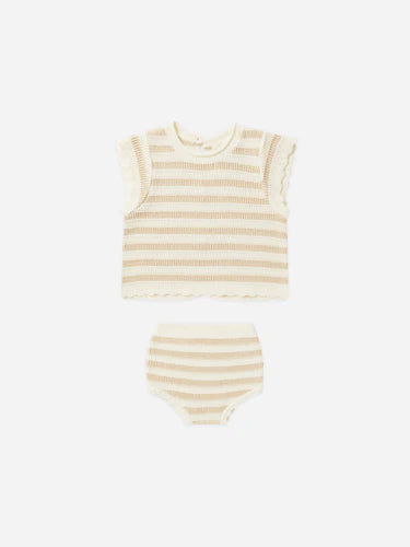 Rylee + Cru Scallop Knit Baby Set, Sand Stripe