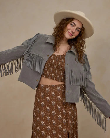 Rylee + Cru Fringe Jacket, Dusty Blue