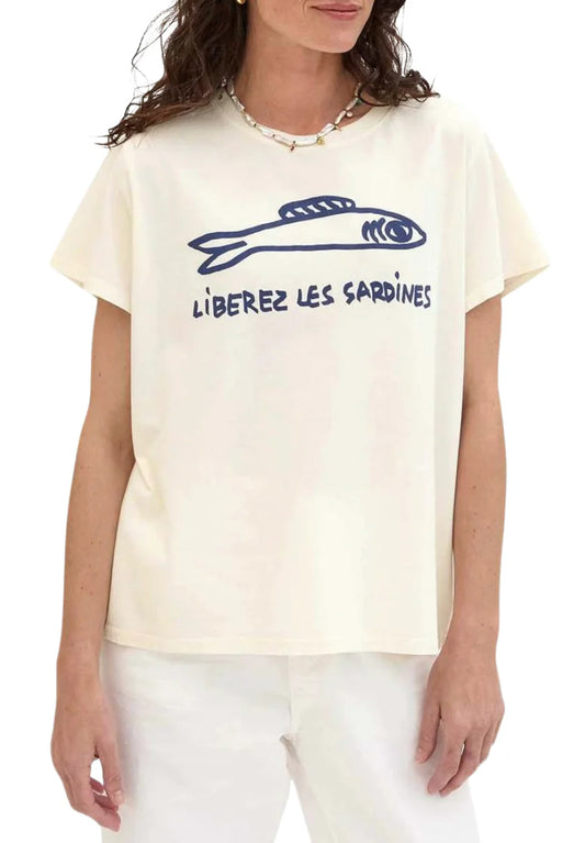 Clare V Classic Tee, Cream w/ Navy Liberez les Sardines